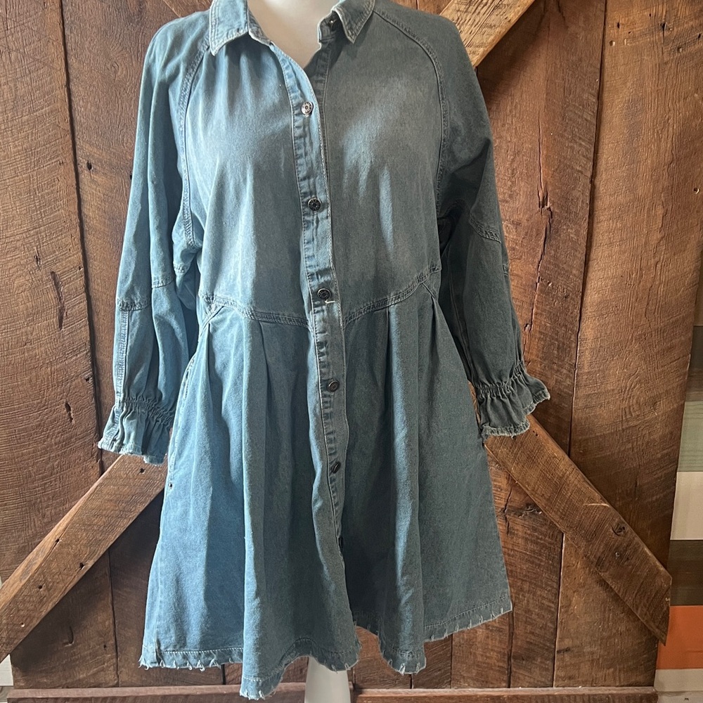 Denim Button-Front Long Sleeve Dress - Blue